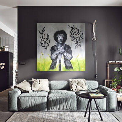 Acrylic painting JIMI HENDRIX in interior by CLM Art
